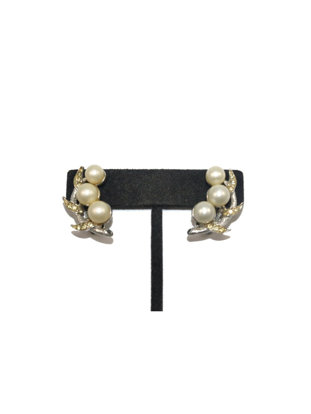 Vintage Dore Silver Tone, Faux Pearls & Rhinestones Clip on Earrings. Dore Mark.